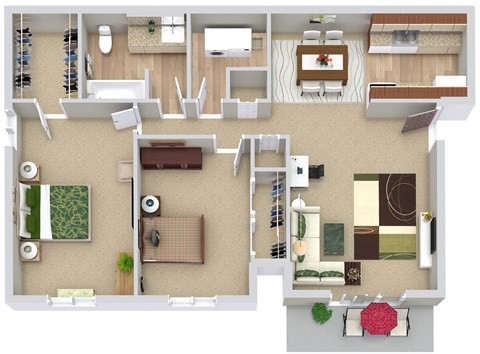 Floor plan for 2 beds, 1 bath, 861 sqft